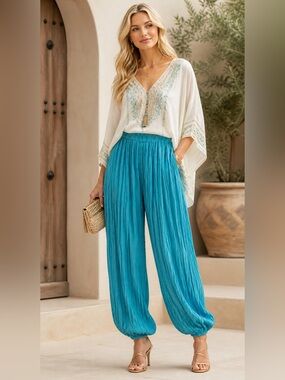 Women’s Boho Turquoise Wide-Leg Crinkle Pants Palazzo Harem Pants